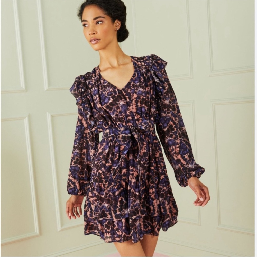Marie Oliver Lawson Dress Size XXS Silk Midnight Mandala Purple Long Sleeve